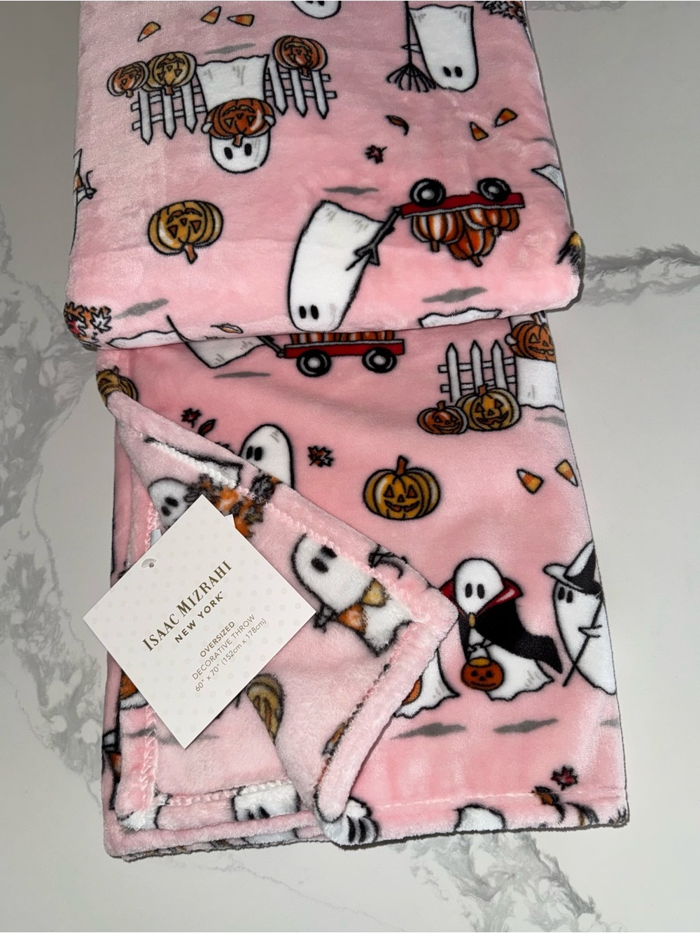 Isaac Mizrahi Fall Autumn Leaves Halloween Ghost & Pumpkins Pink Blanket